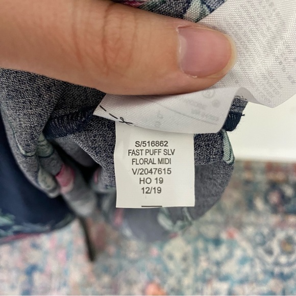 Banana Republic Navy Blue Puff Sleeve Floral Midi Fit & Flare Dress V-Neck Sz S - Picture 11 of 13